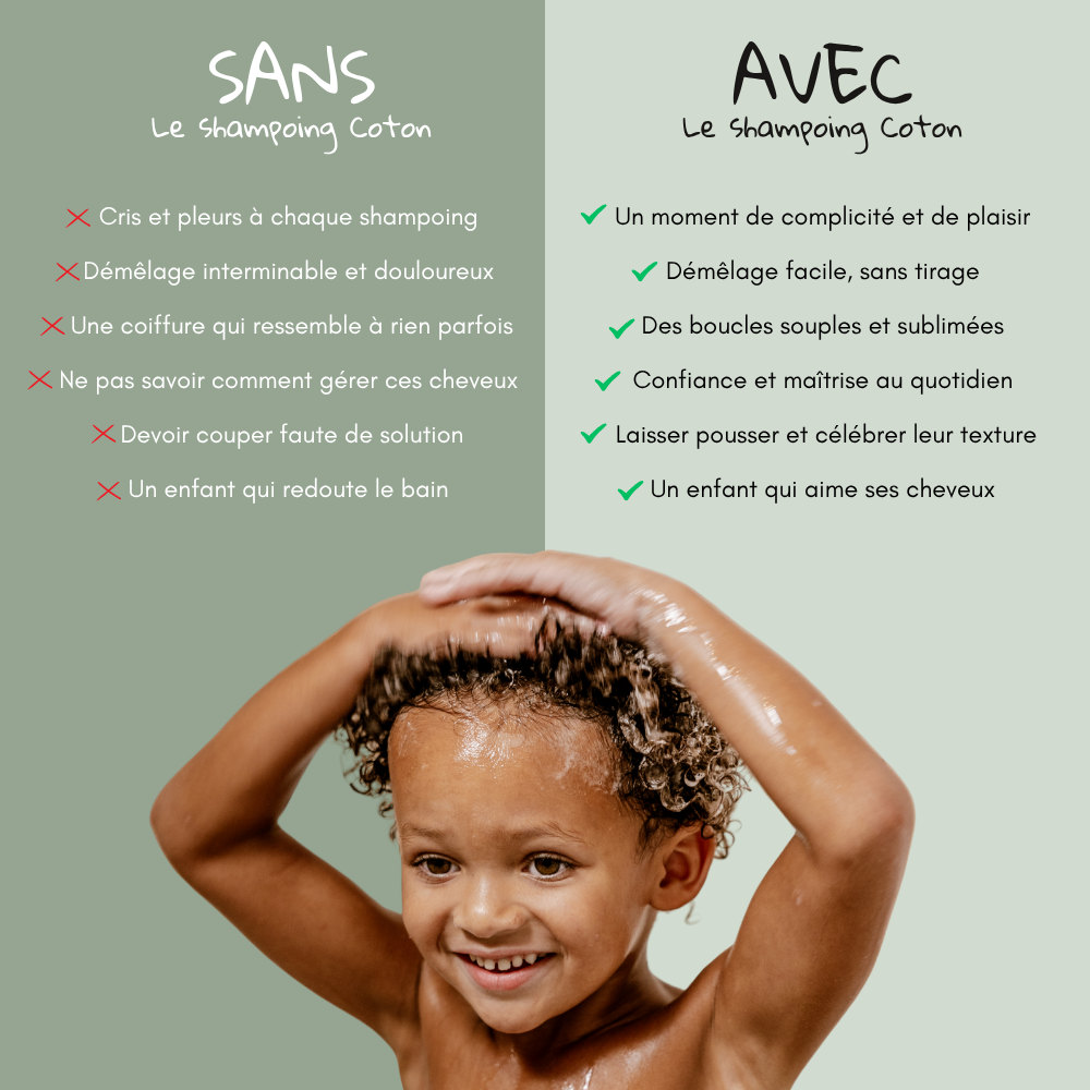 Shampoing naturel pour bébé et enfants aux cheveux ondulés, bouclés et frisés.