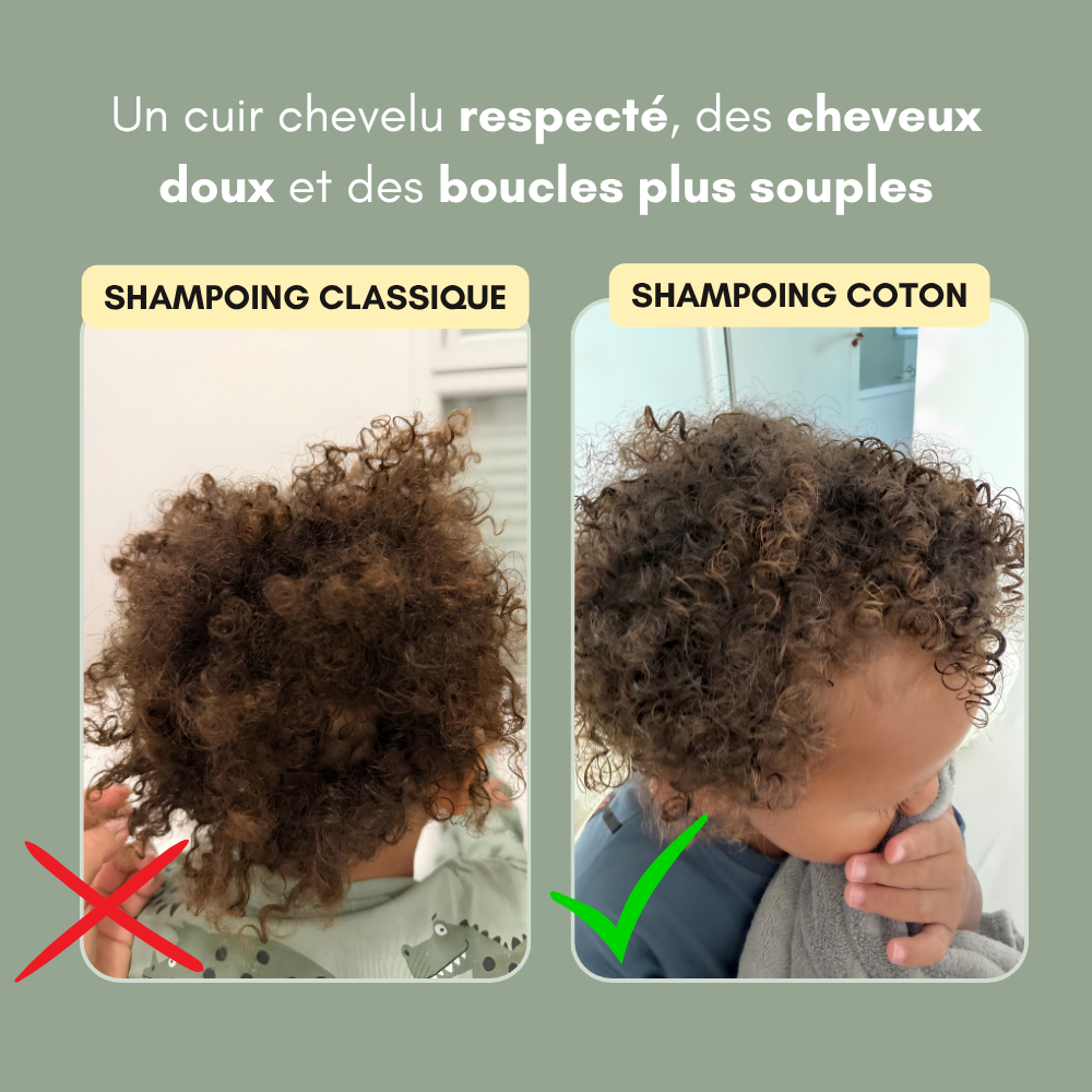Shampoing naturel pour bébé et enfants aux cheveux ondulés, bouclés et frisés.