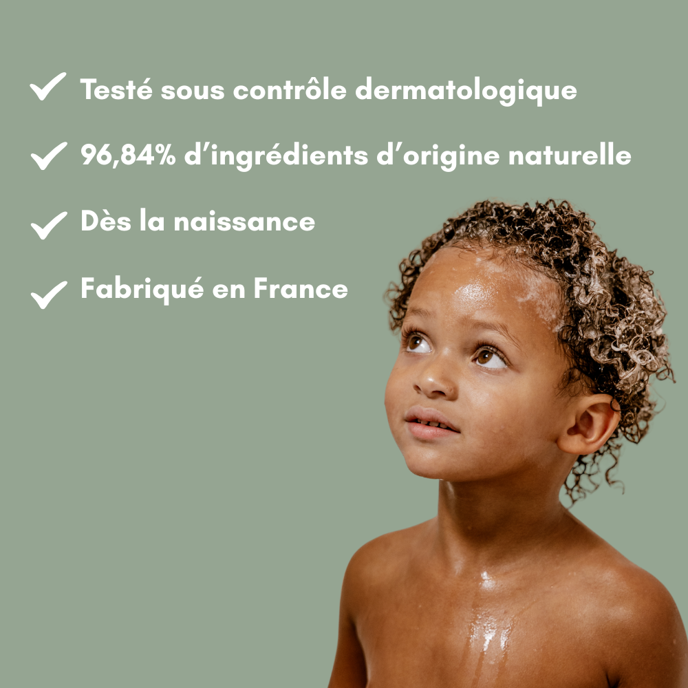 Shampoing naturel pour bébé et enfants aux cheveux ondulés, bouclés et frisés.