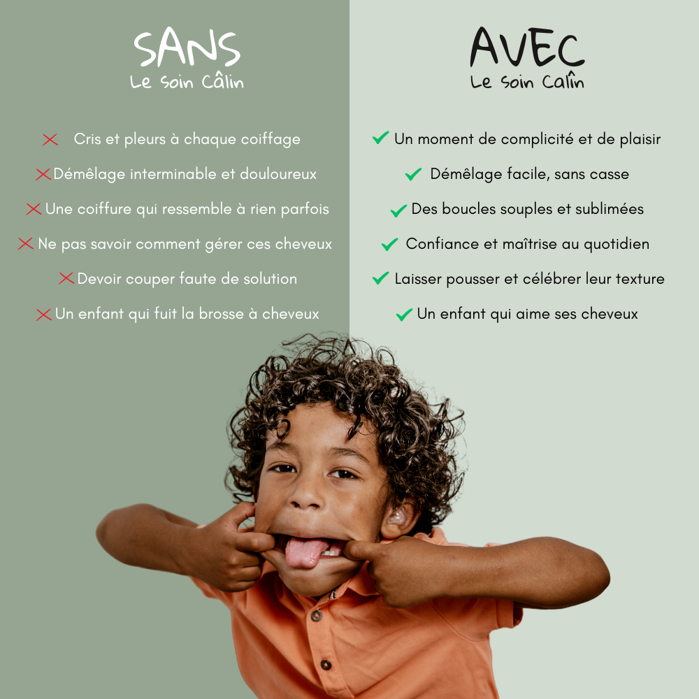 Soin démêlant naturel et sans rinçage pour bébé et enfants aux cheveux ondulés, bouclés et frisés.
