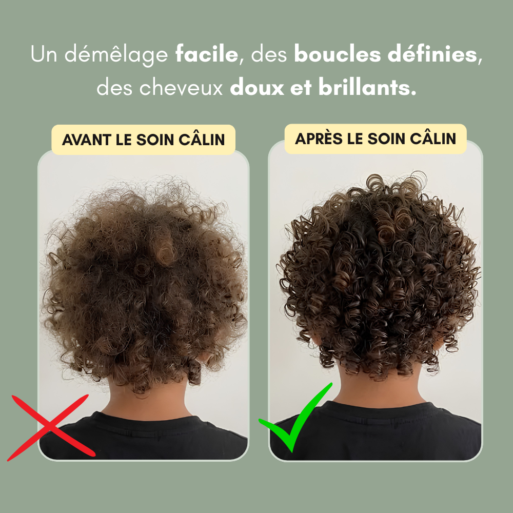 Soin démêlant naturel et sans rinçage pour bébé et enfants aux cheveux ondulés, bouclés et frisés.
